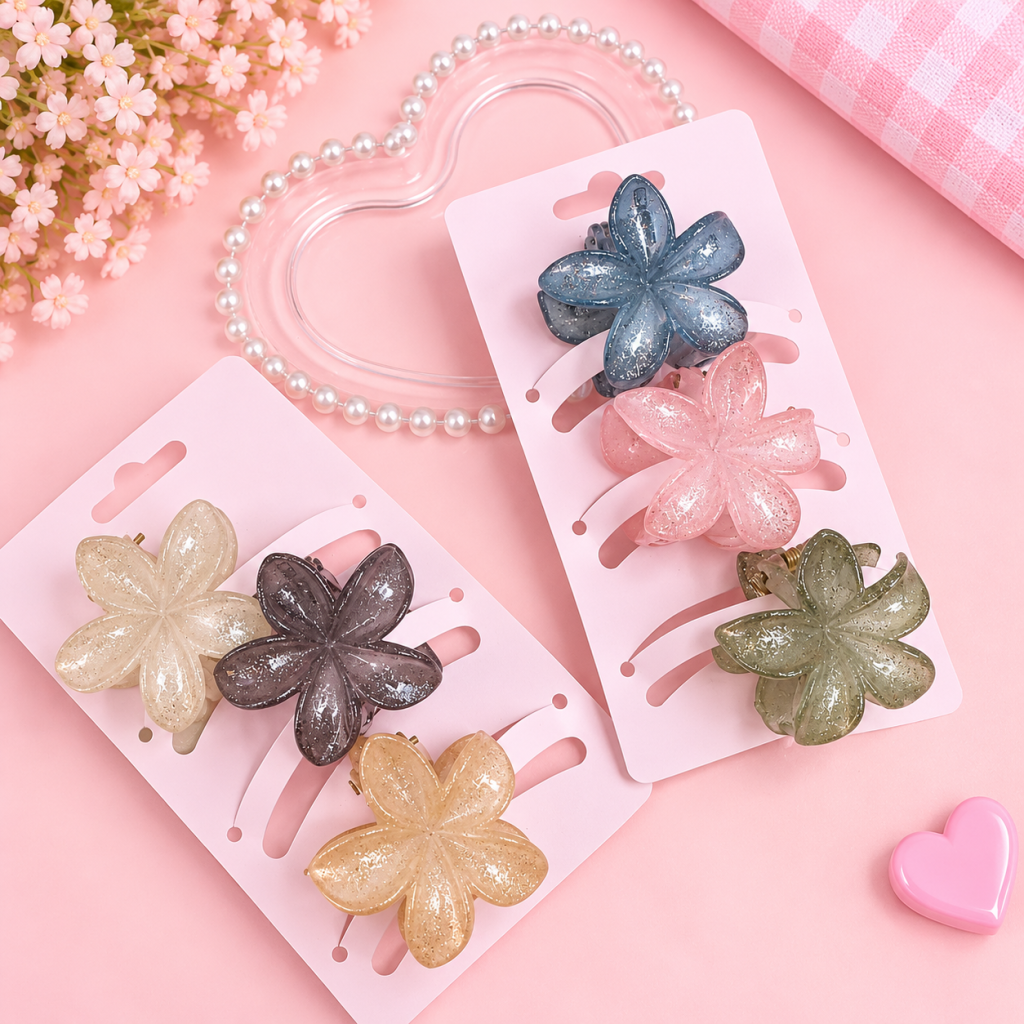 Kit com 3 presilha pequena modelo flor com brilho ✨