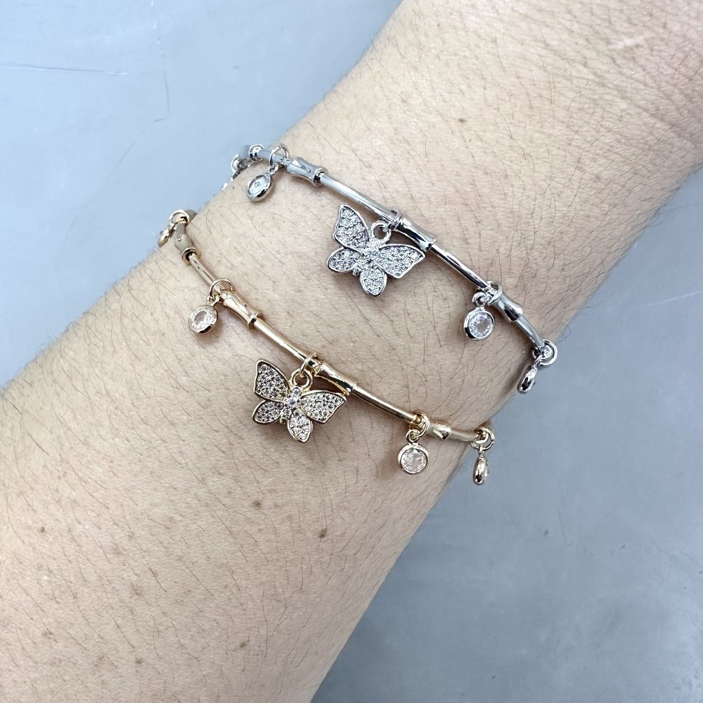 Bracelete bijoux fina modelo fino pingente borboleta cravejada 🦋 