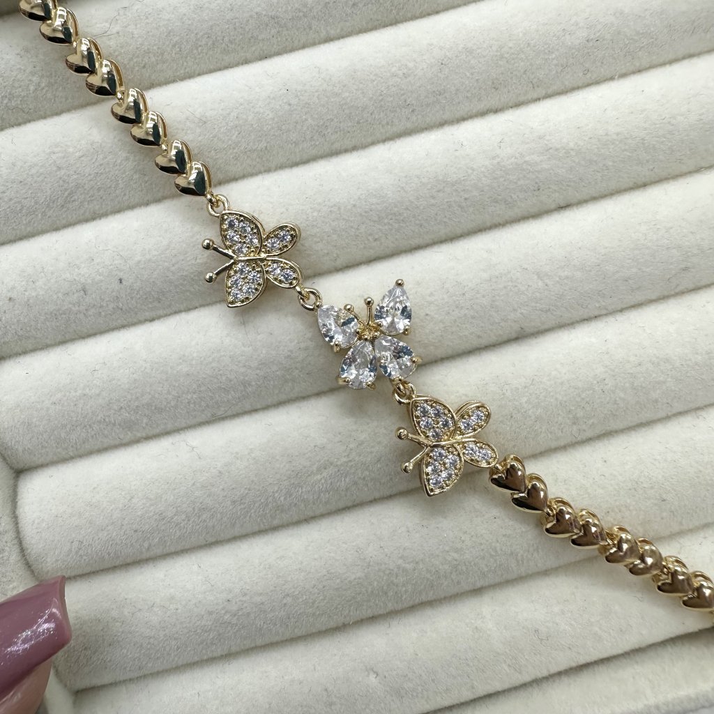 Pulseira bijoux fina dourado Modelo Elos mini coração e borboletas 🦋 