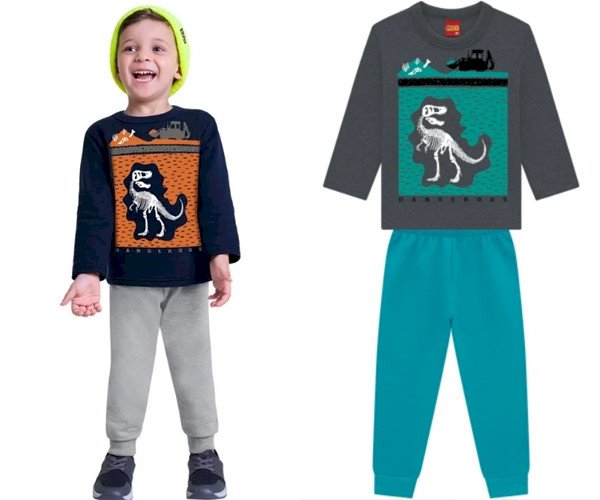 Conjunto Moletom Kyly Dinossauro Azul/Grafite Cód: 67