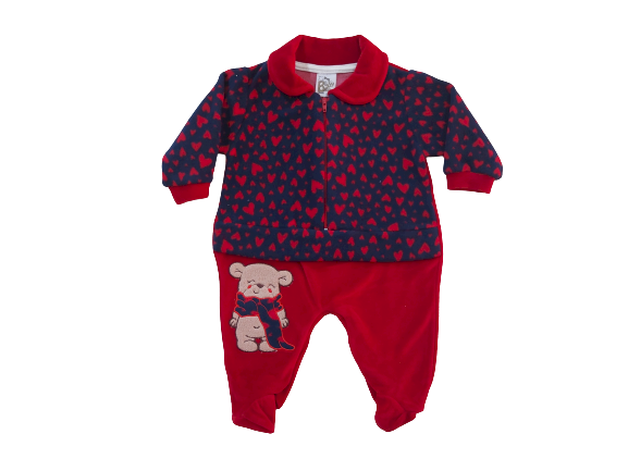 Macacão Plush Baby Bee Ursinha Corações Vermelho/Marinho Cód: 368
