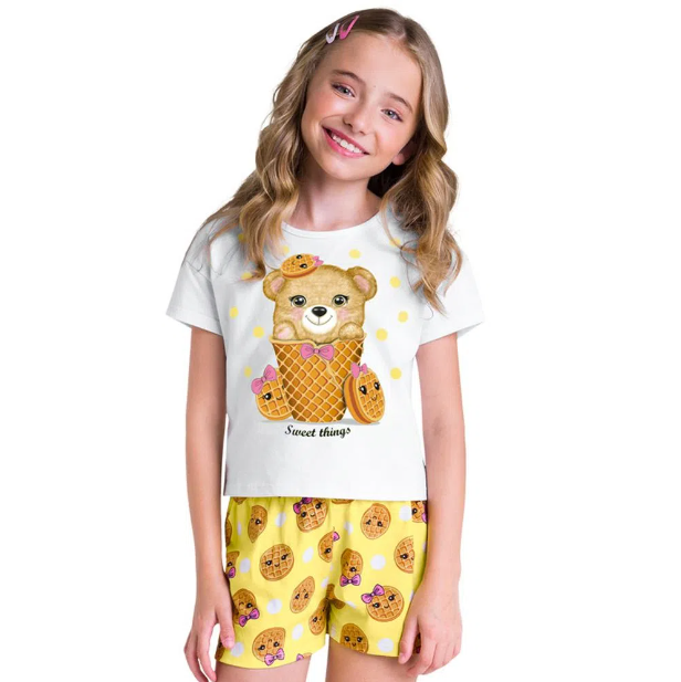 Pijama Infantil Kyly Brilha No Escuro Ursinho e Waffles Amarelo Cód: 299
