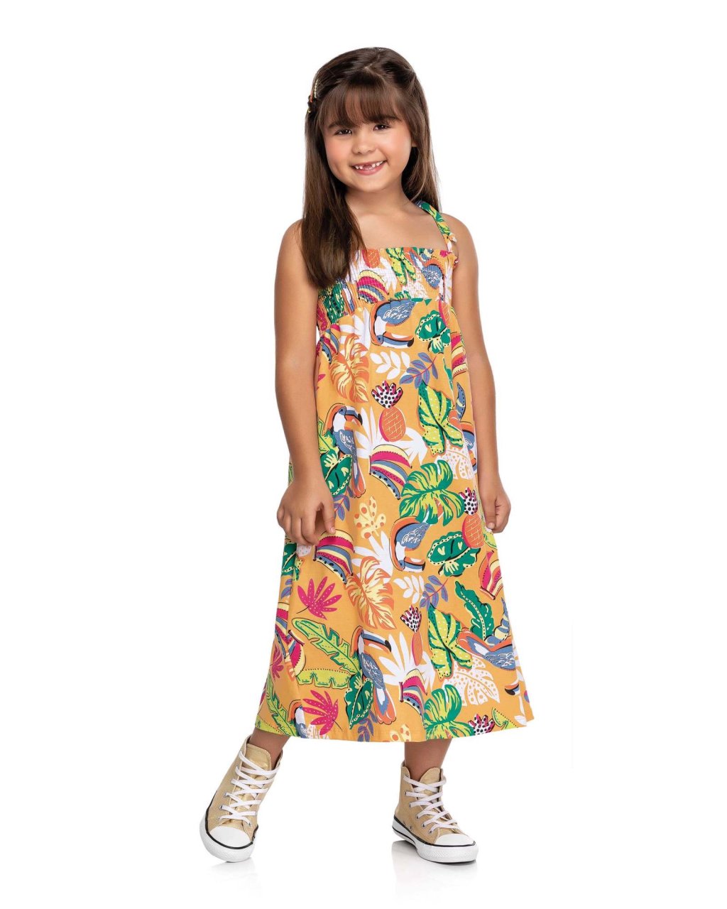 Vestido Infantil Elian Midi Tropicália Laranja Cód: 453