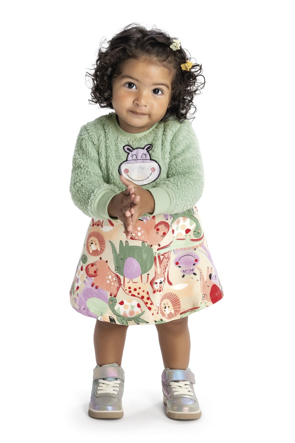 Vestido Bebê Elian Manga Longa Fun Animais Verde Cód: 550