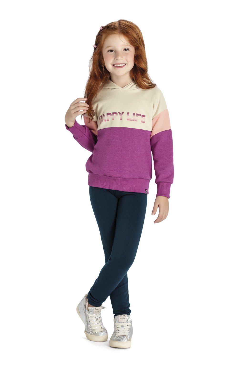 Conjunto Elian Moletom Happy Life Bege com Marinho Cód: 575