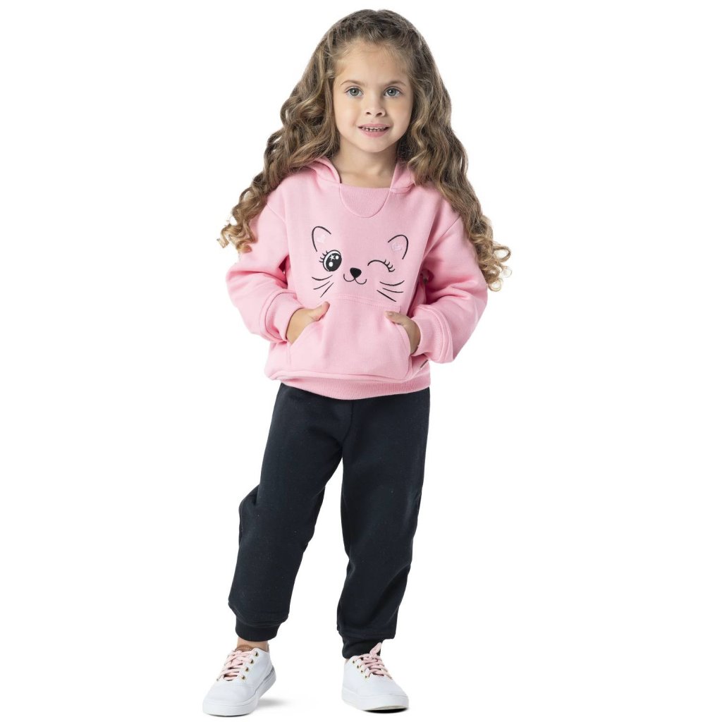 Conjunto Moletom Vrasalon Gatinha Pink com Capuz Cód: 133
