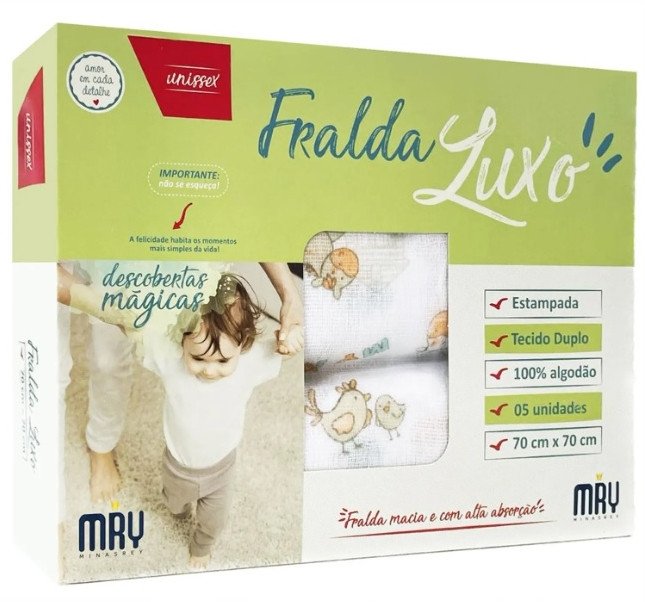 Fralda De Pano Minasrey Estampada Neutra Luxo Tecido Duplo Caixa C/5 Cód: 216