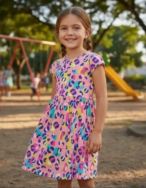 Vestido Kamylus Infantil Meia Malha Rosa Estampado Cód: 594