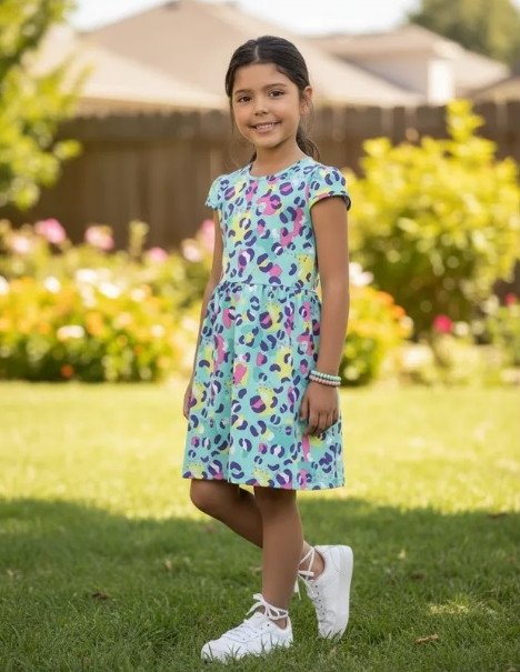 Vestido Kamylus Infantil Meia Malha Azul Estampado Cód: 594