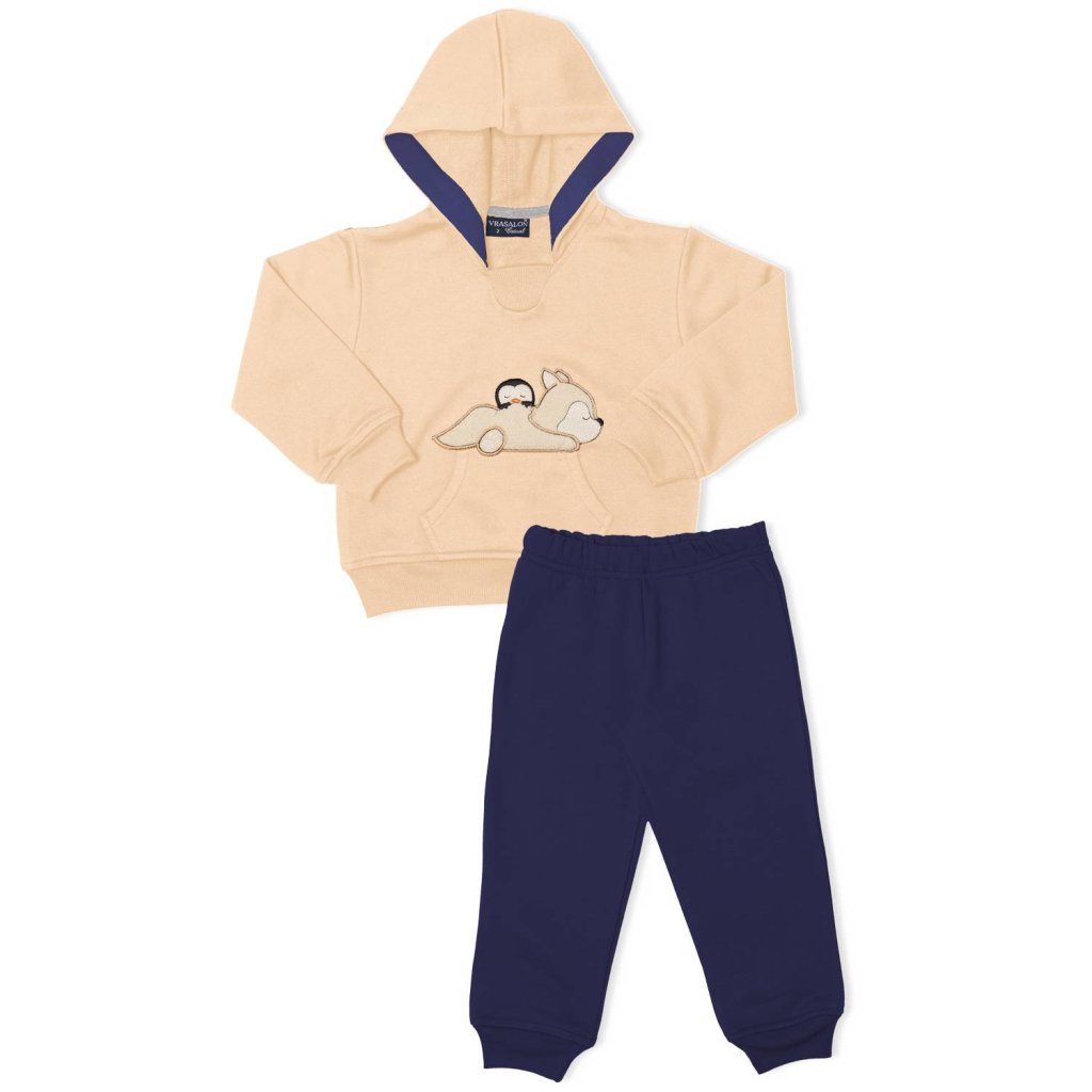 Conjunto Moletom Vrasalon Fox e Pinguim Com Capuz Bege Cód: 462