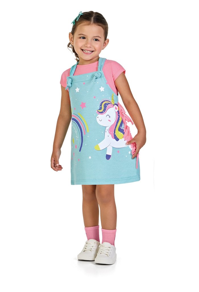 Salopete Kamylus Moletinho Neon Azul Unicórnio Cód: 454