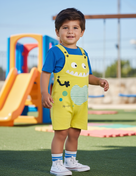Jardineira Moletinho Amarelo Lime Monstrinho Dentes Cód: 266