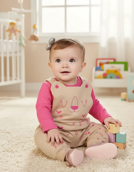 Conjunto Bebê Kamylus Jardineira e Camiseta Ursinha Pink Cód: 90