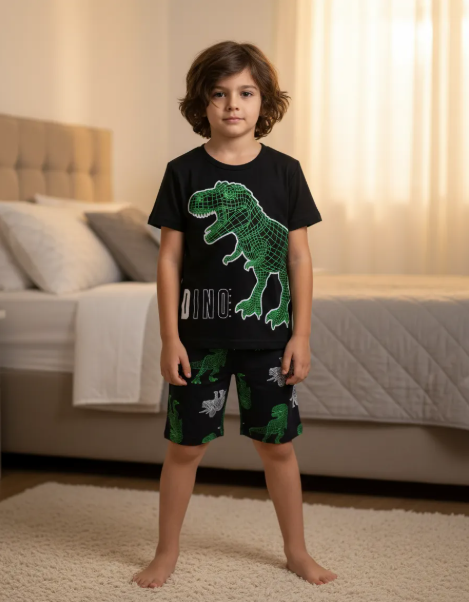 Pijama Infantil Kyly Brilha No Escuro Dinossauro Preto Cód: 336