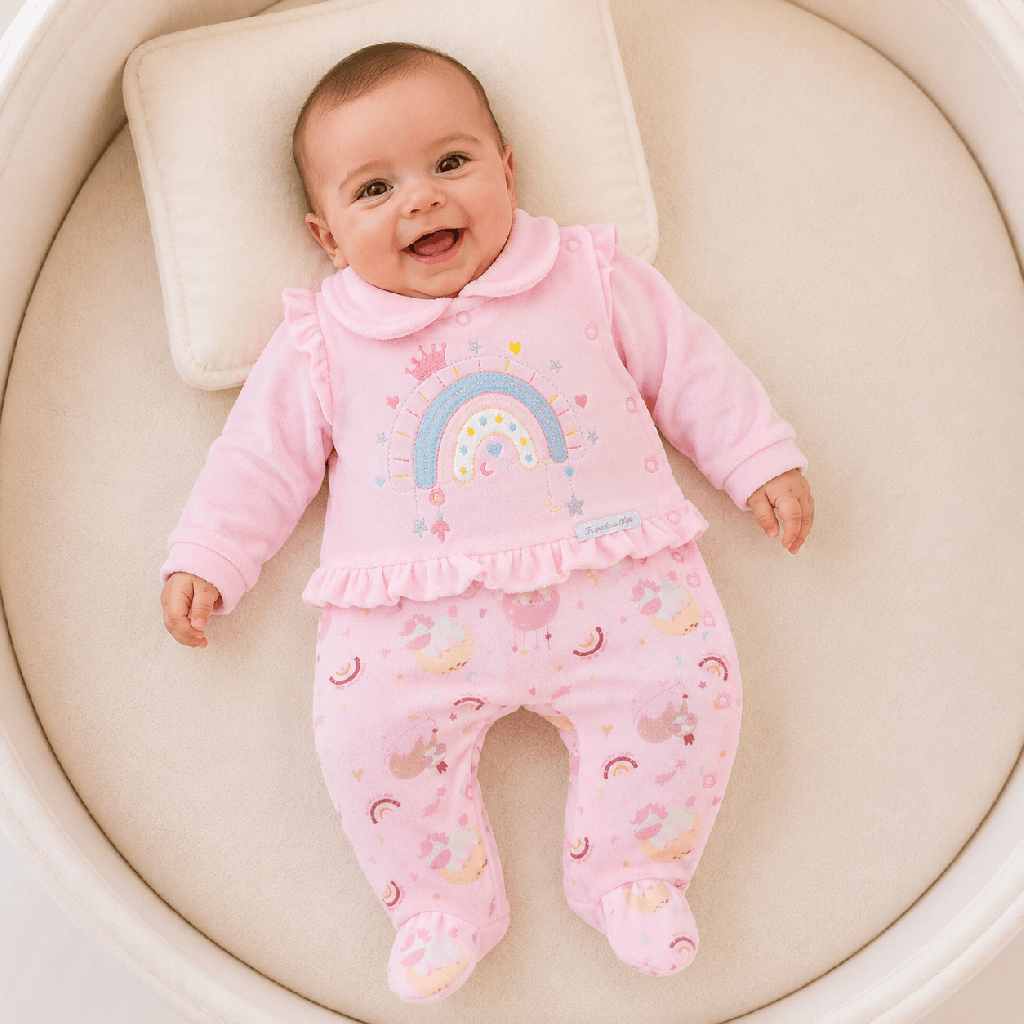 Macacão Bebê Presente Anjo Plush Bordado Arco Iris Rosa Cód: 629