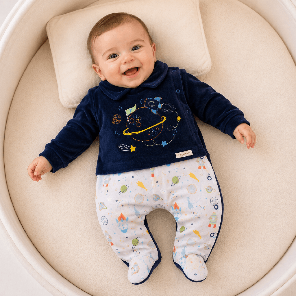 Macacão Bebê Presente Anjo Plush Bordado Astronauta Marinho Cód: 632