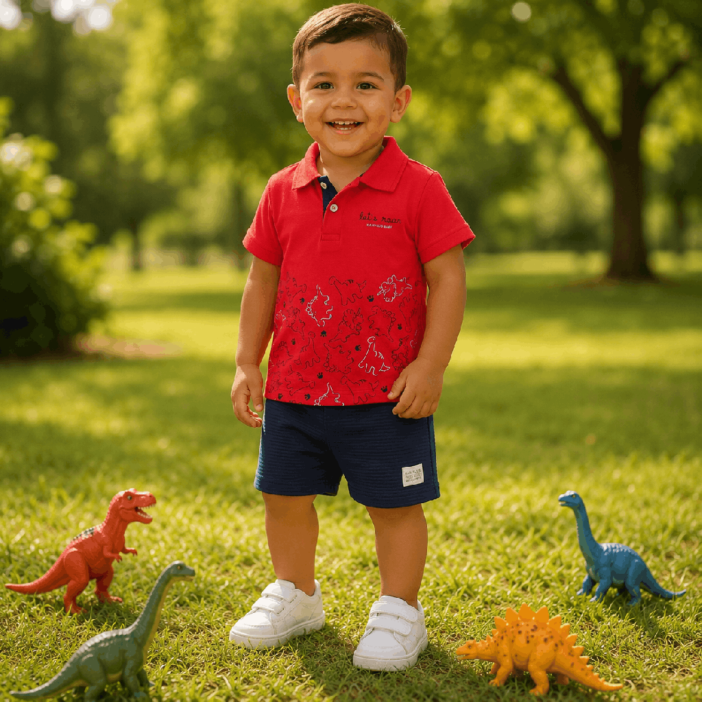 Conjunto Kamylus Camisa Polo Dinossauro Vermelho Cód: 324