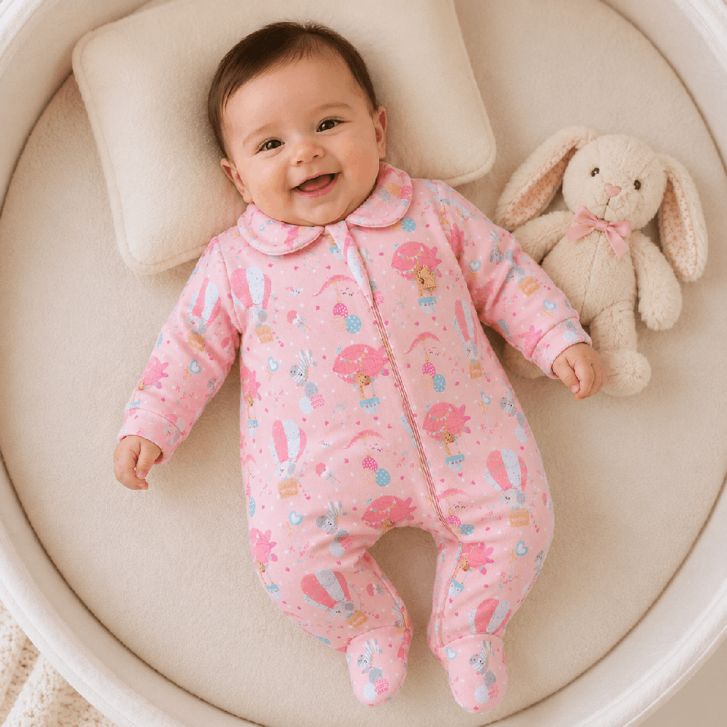 Macacão Bebê Presente de Anjo New Soft Zíper Rosa Balões Cód: 634