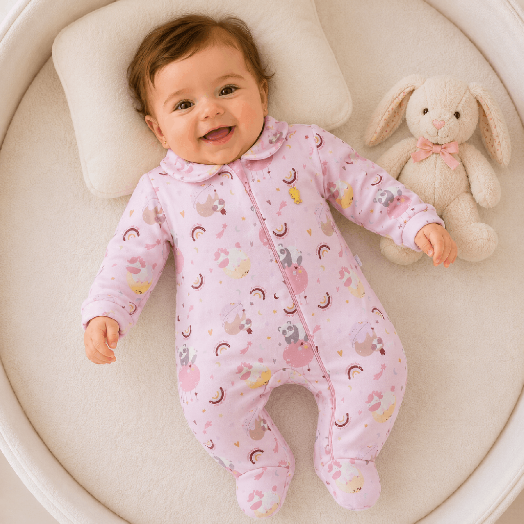 Macacão Bebê Presente De Anjo New Soft Zíper Lua Rosa Cód: 635