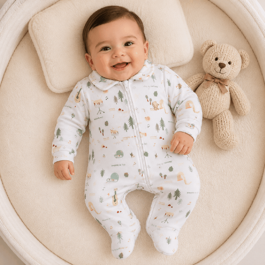 Macacão Bebê Presente de Anjo New Soft Zíper Floresta Bege Cód: 637