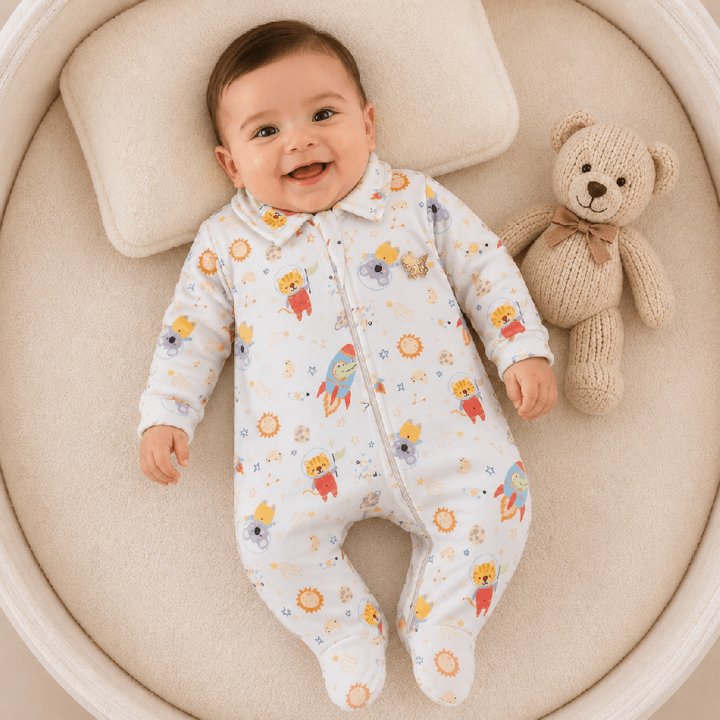 Macacão Bebê Presente de Anjo New Soft Zíper Espaço Bege Cód: 638
