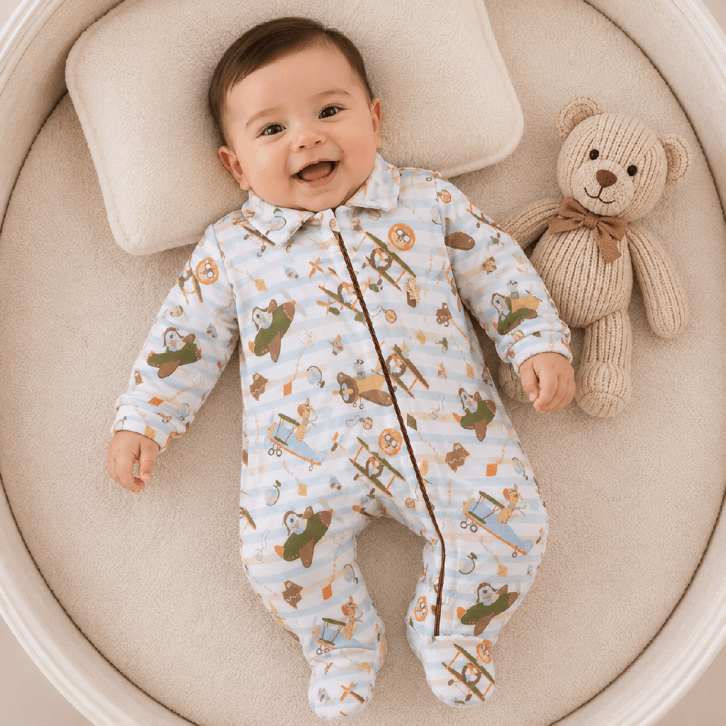 Macacão Bebê Presente de Anjo New Soft Zíper Aviões Branco Cód: 639
