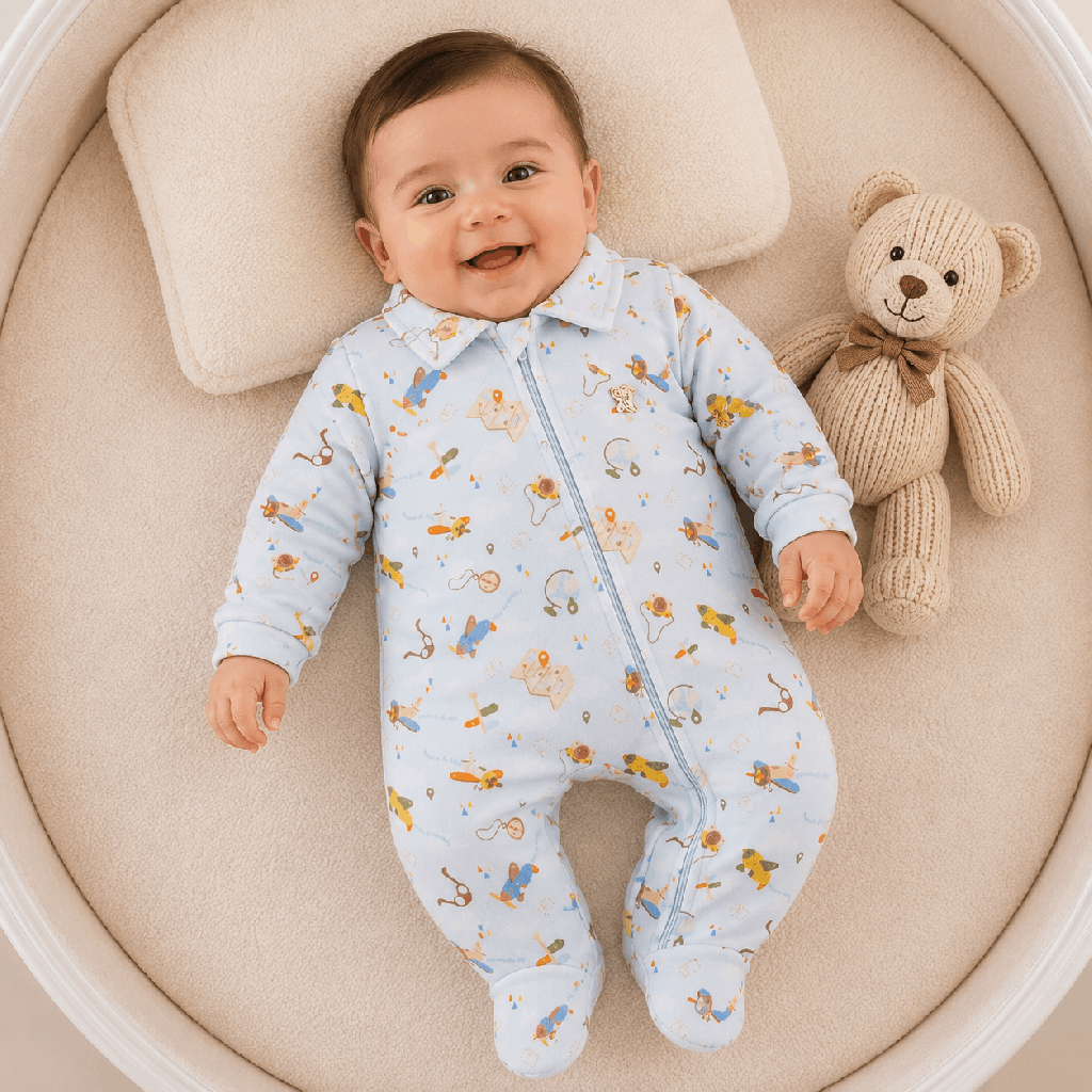 Macacão Bebê Presente de Anjo New Soft Zíper Aviões Azul Claro Cód: 639