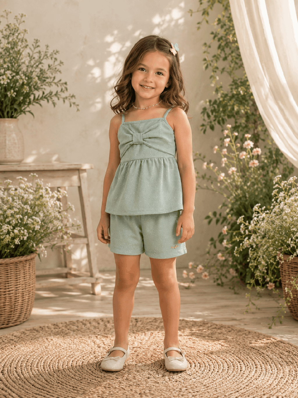 Conjunto Kamylus Verde Blusa Regata Laço E Shorts Cód: 170
