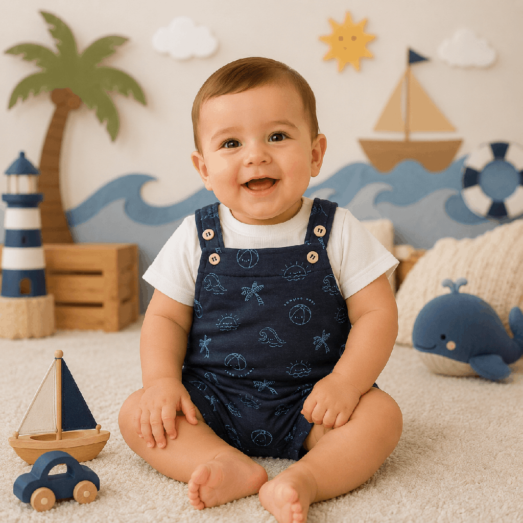 Conjunto Jardineira Pique e Moletinho Kamylus Azul Cód: 173