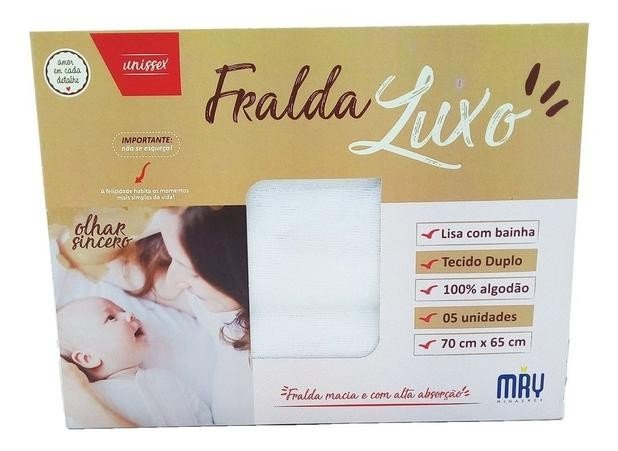 Fralda De Pano Minasrey Branca com Bainha Luxo Tecido Duplo Caixa C/5 Cód: 216