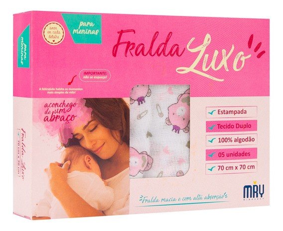 Fralda De Pano Minasrey Estampada Rosa Luxo Tecido Duplo Caixa C/5 Cód: 216