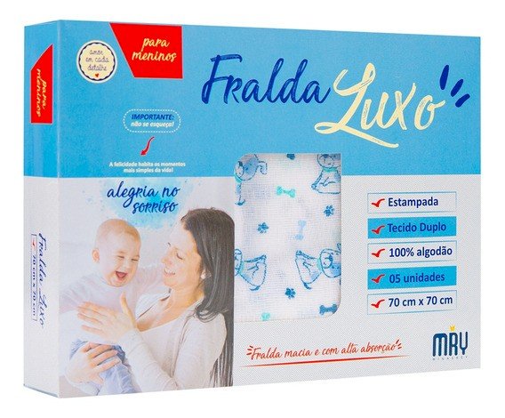 Fralda De Pano Minasrey Estampada Azul Luxo Tecido Duplo Caixa C/5 Cód: 216