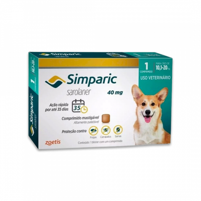 Simparic 40mg Antipulga, Carrapato Cães 10 até 20Kg 1 Comprimido