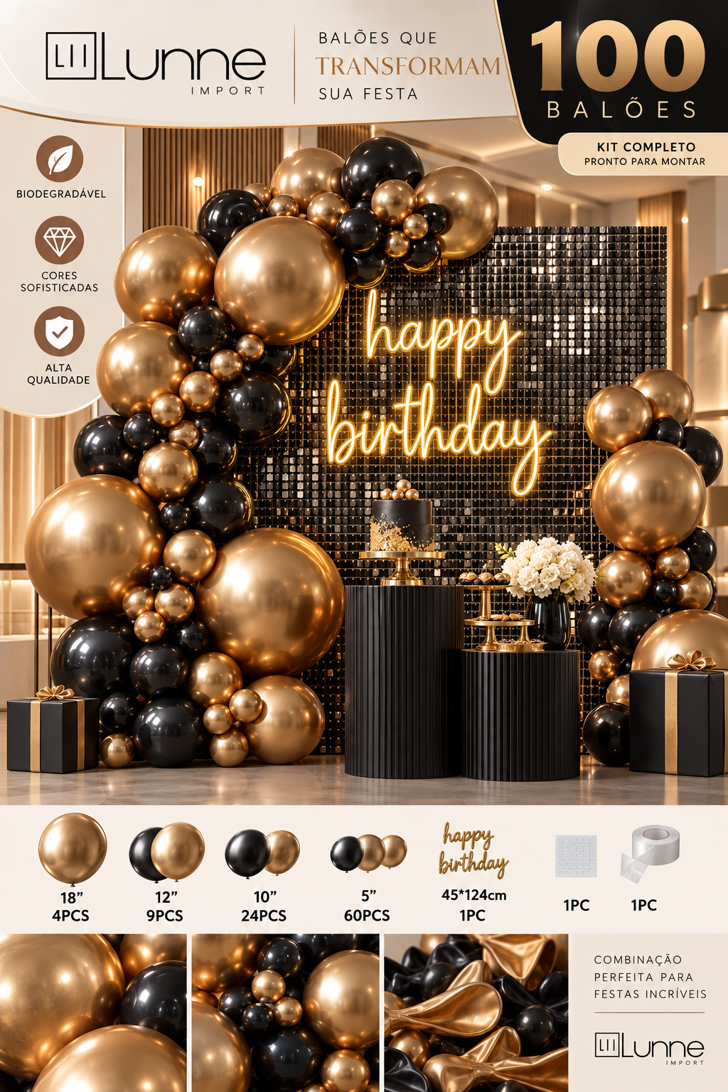 KIT 100 PCS BALÃO BLACK & GOLD REF: 70015
