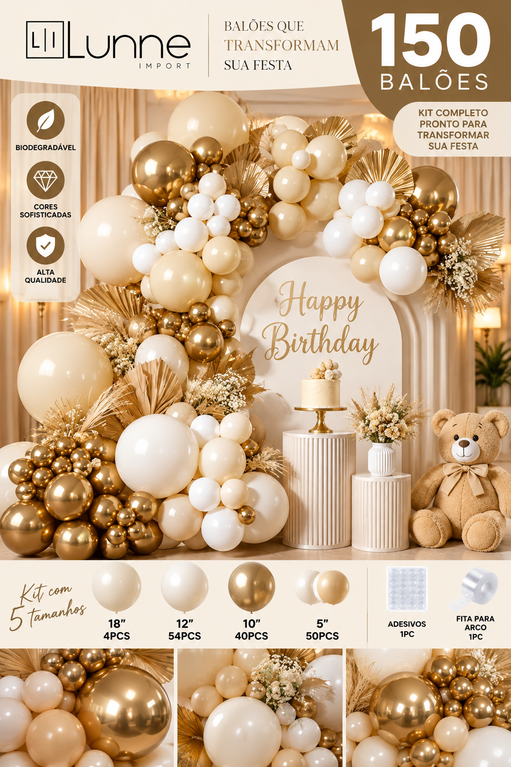 KIT 150 PCS BALÃO GOLD & BRANCO REF: 70019