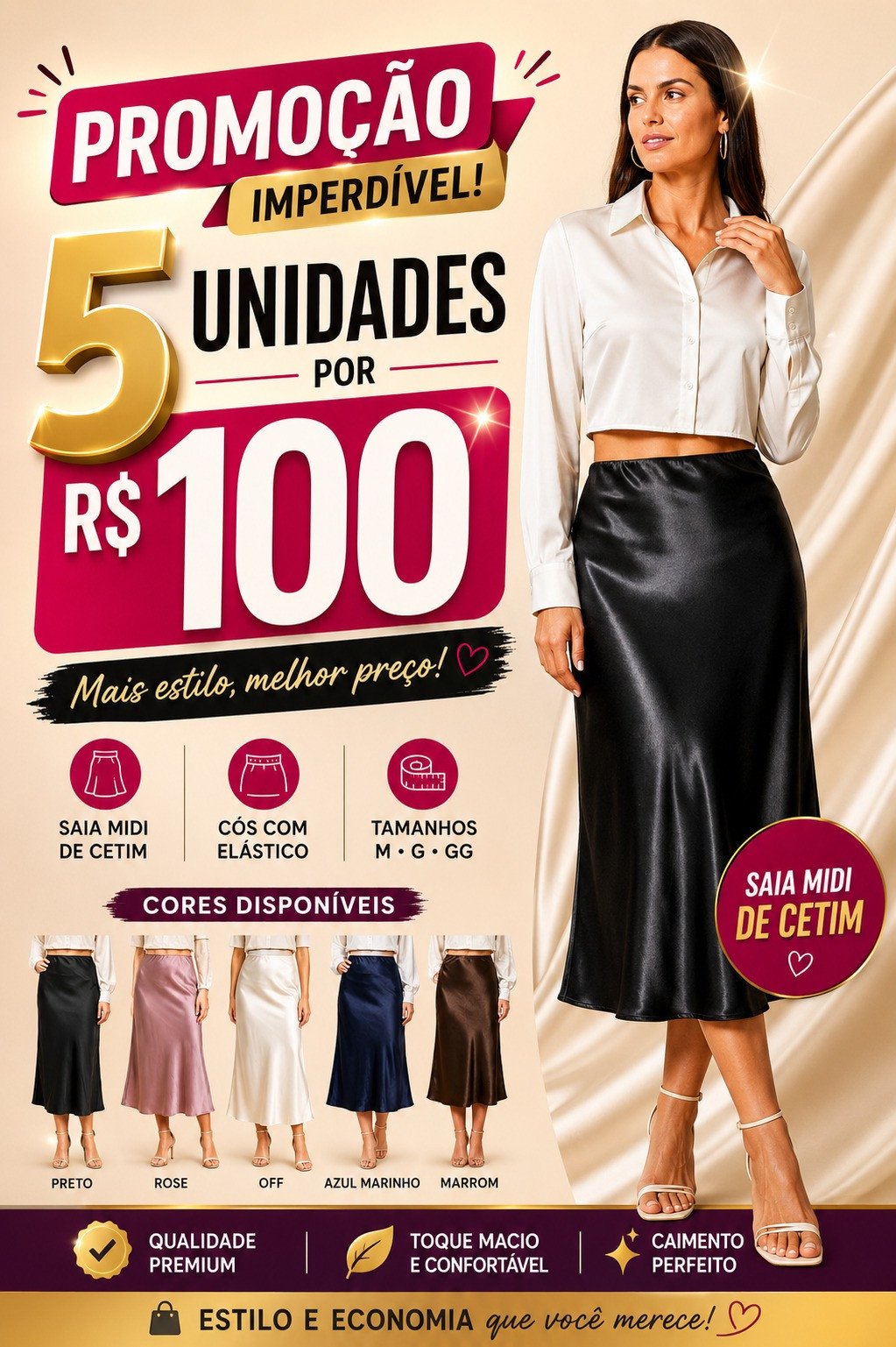 Kit 5 Saias Midi em Cetim