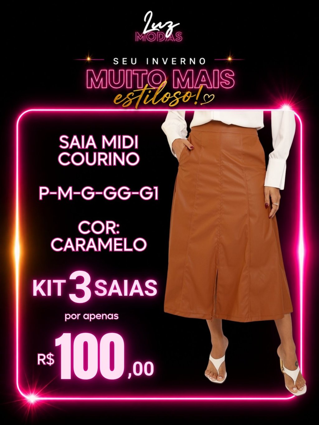 KIT 3 SAIAS MIDI COR CARAMELO COURINO
