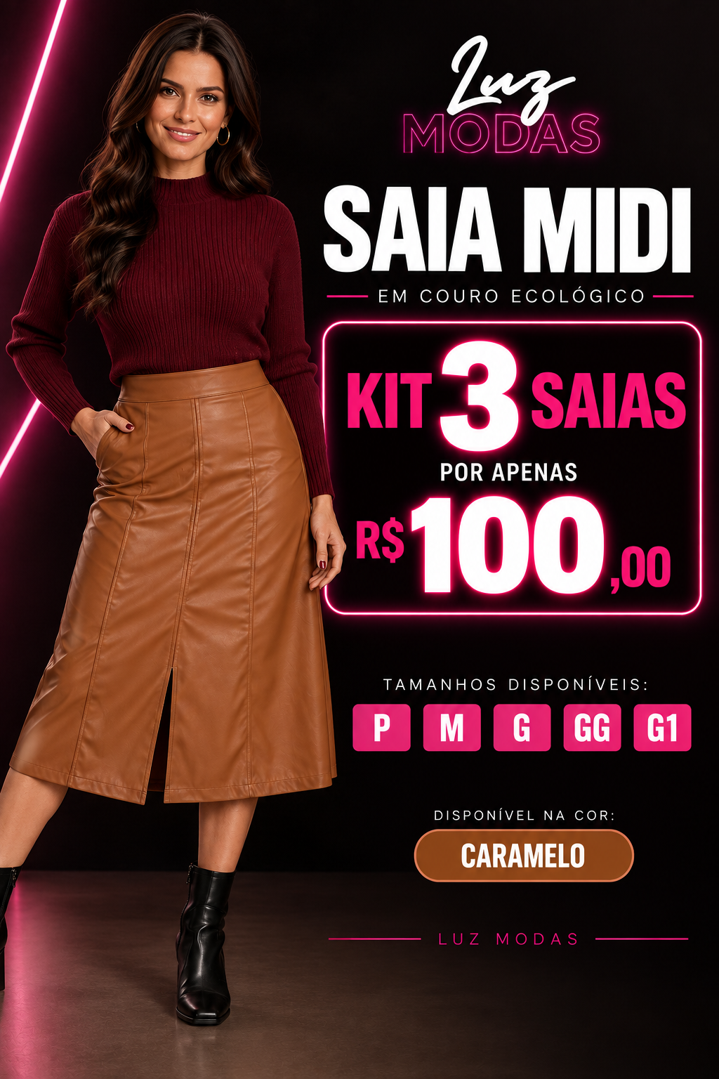 KIT 3 SAIAS MIDI COR CARAMELO COURINO