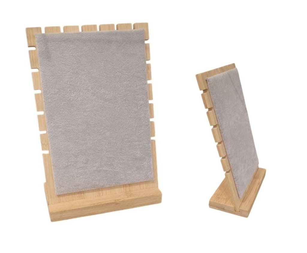 EXPOSITOR MADEIRA LATERAL PARA COLAR CINZA