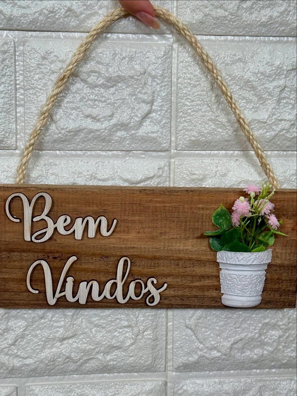 Placa de Porta Retangular Bem Vindos Vasinho de Flor