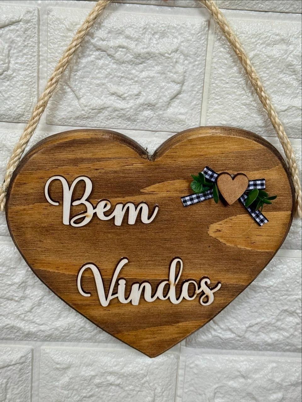 Placa de Porta Coração Rústico Bem Vindos 