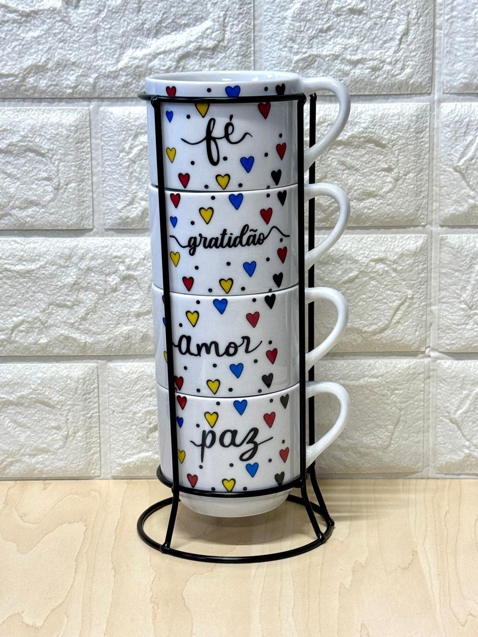 Caneca  Empilhável Branca Frases Coloridas Suporte em Metal com 4