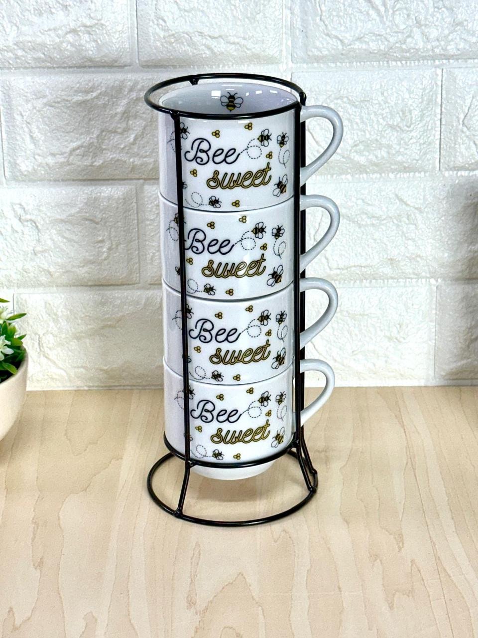 Caneca Empilhável Branca Bee Sweet Suporte em Metal com 4 