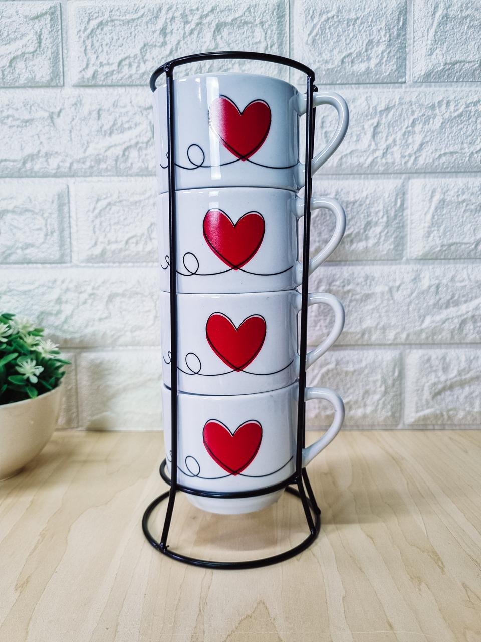 Caneca Empilhável Branca Coração Vermelho Suporte em Metal com 4 