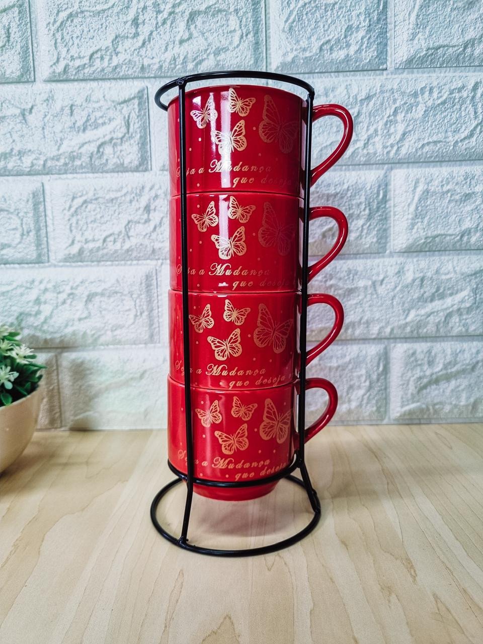 Caneca Empilhável Vermelha Borboletas Douradas Suporte em Metal com 4
