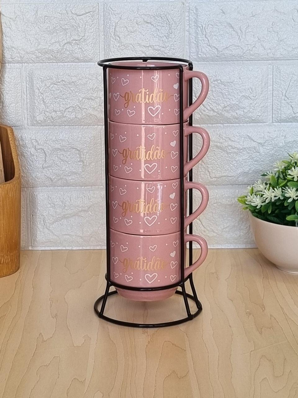 Caneca Empilhável Rosa Gratidão Dourada Suporte em Metal com 4 
