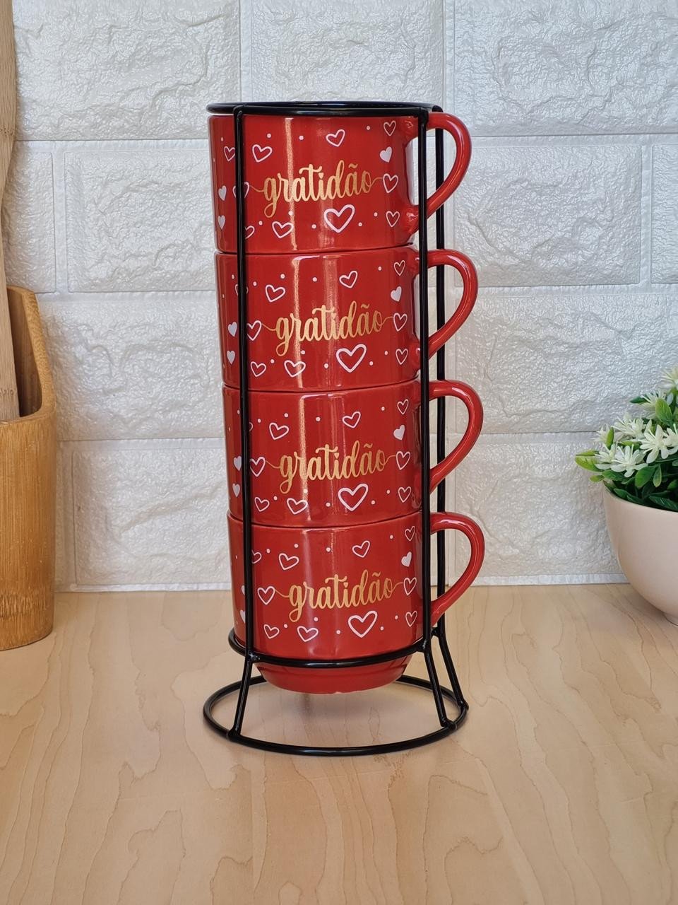 Caneca Empilhável Vermelha Gratidão Dourada Suporte em Metal com 4 