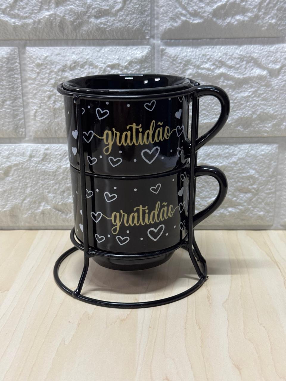 Caneca Empilhável Preta Gratidão Dourada Suporte em Metal Par