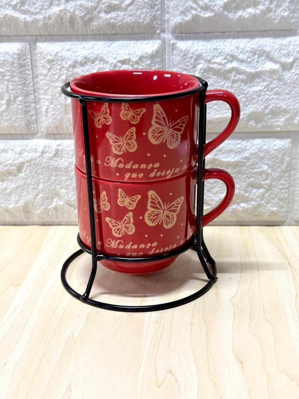 Caneca Empilhável Vermelha Borboletas Douradas Supor em Metal Par