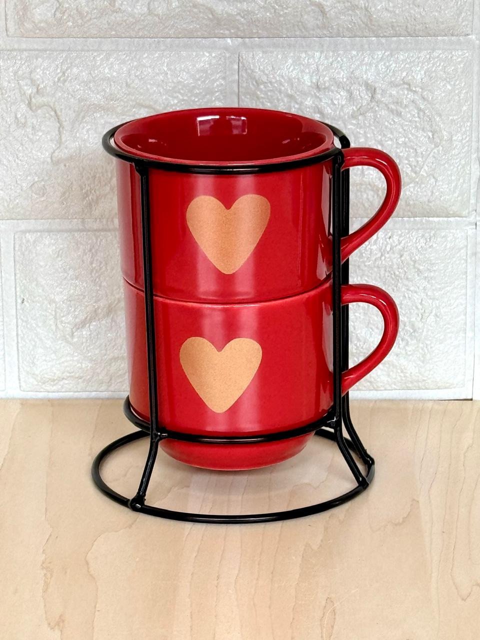 Caneca Empilhável Vermelha Coração Dourado Suporte em Metal Par